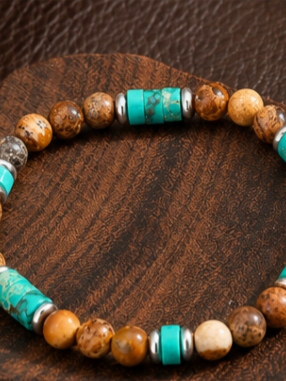 Turquoise and Brown Beaded Stretch Bracelet Mens